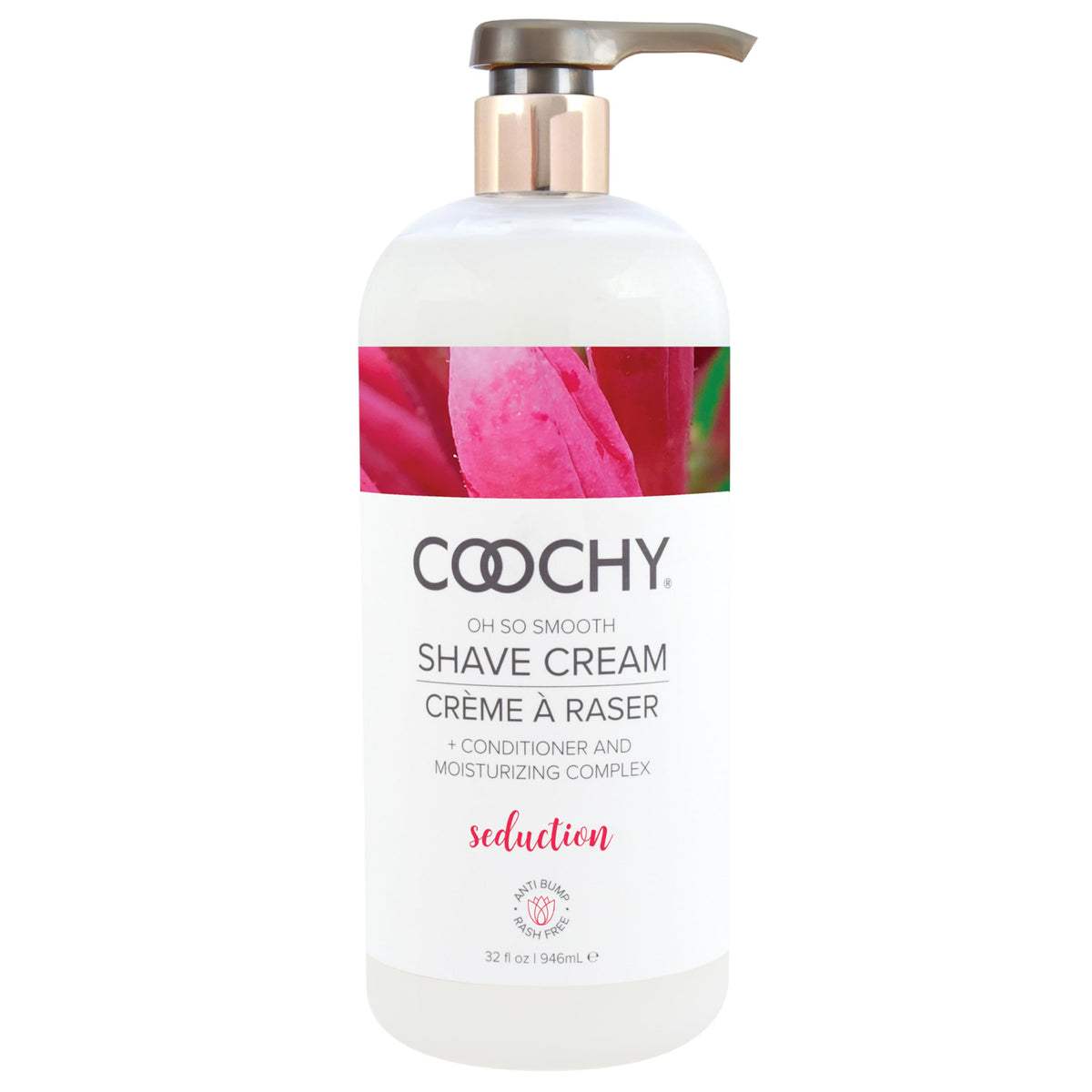 Coochy Seduction bottle pour demonstrates hydrating shave cream for smooth results