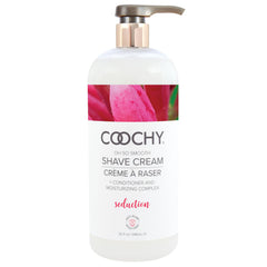 Coochy Seduction bottle pour demonstrates hydrating shave cream for smooth results