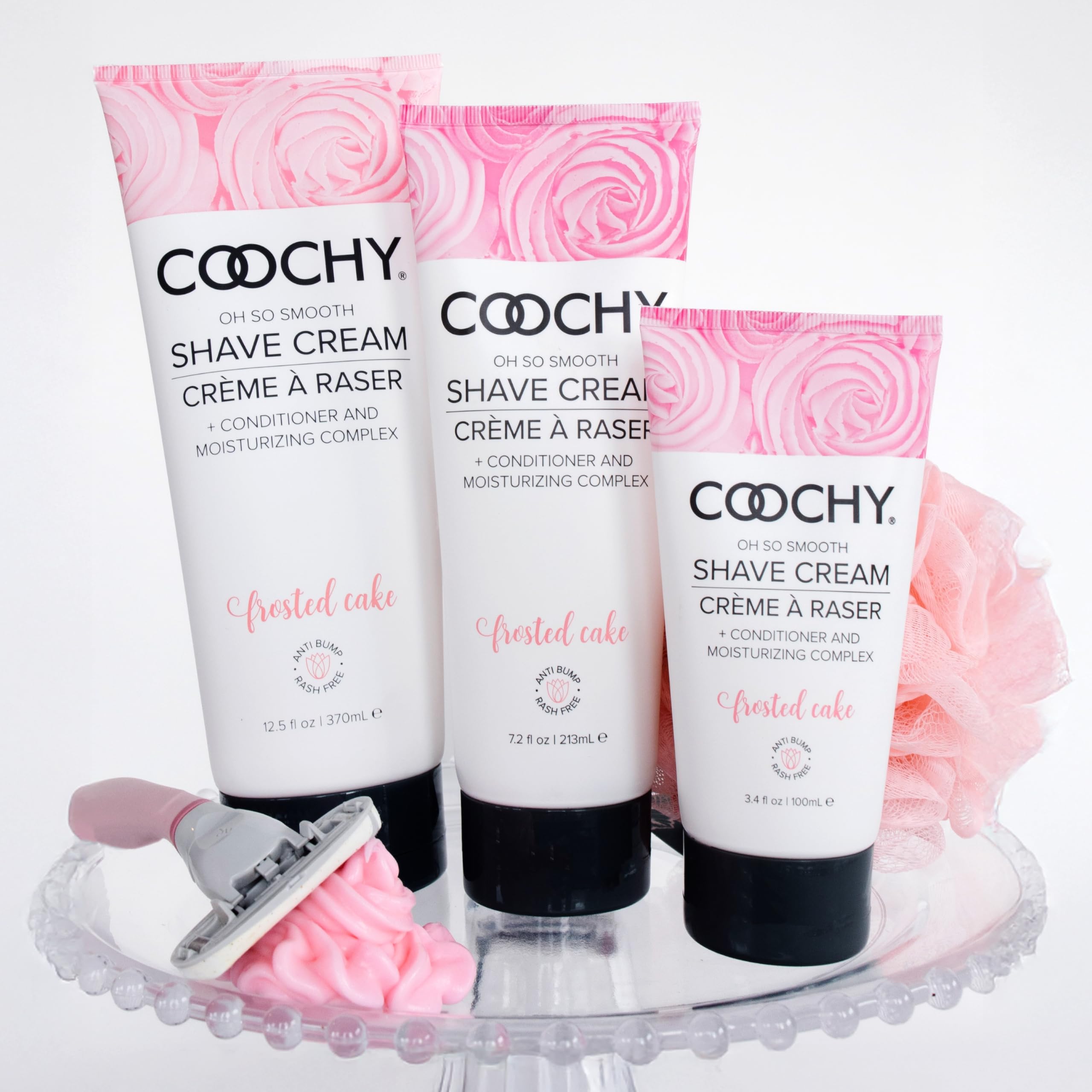 Coochy Shave Cream bikini-area application image promoting rash-free comfort.
