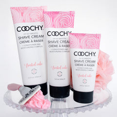 Coochy Shave Cream bikini-area application image promoting rash-free comfort.