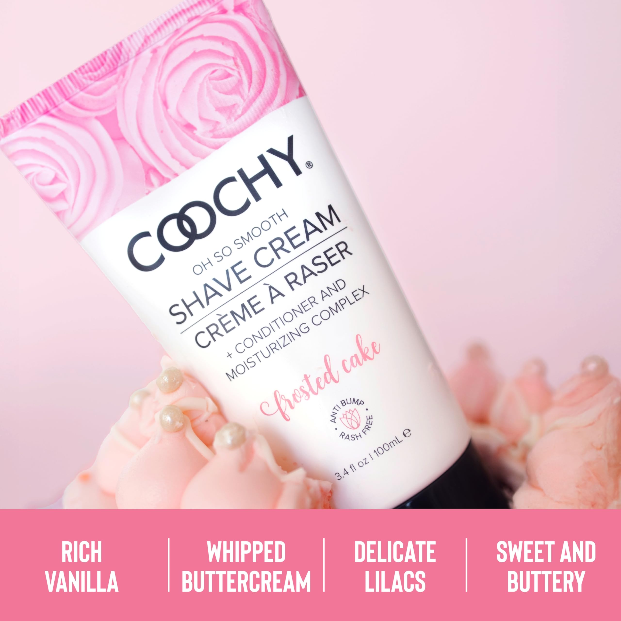 Coochy Shave Cream for bikini-area use showing gentle glide and rash-free potential