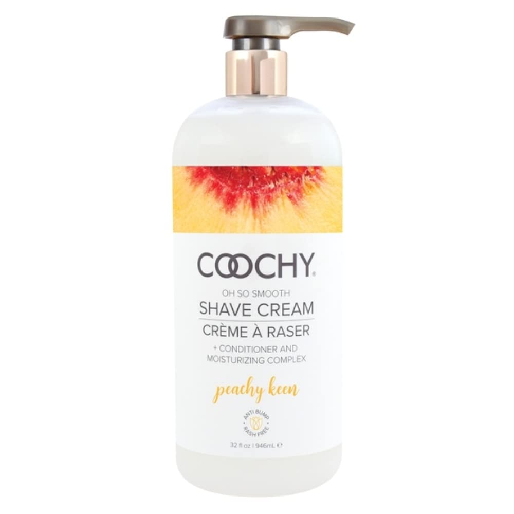 Coochy shave cream bottle closeup highlights moisturizing formula for sensitive skin