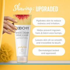 Coochy shave cream foam application showcases smooth glide and hair-softening action