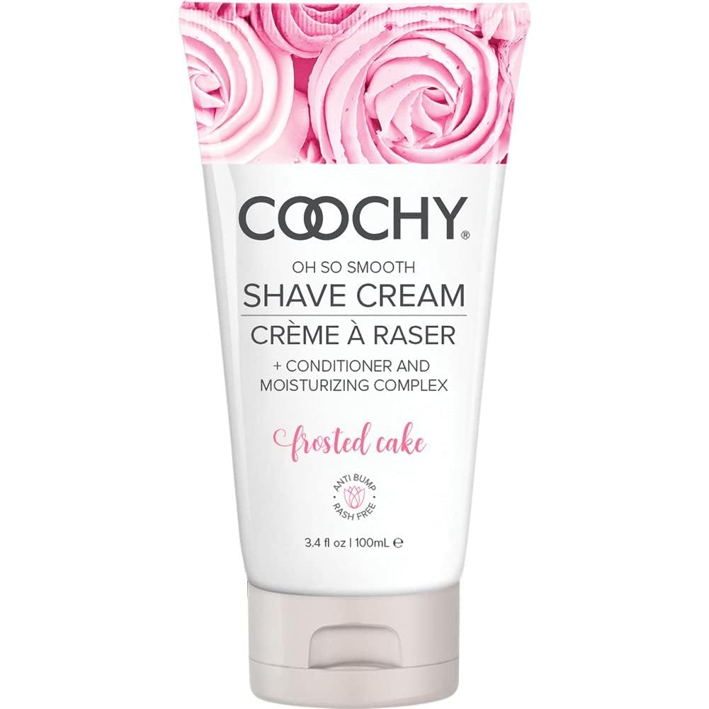 Coochy Shave Cream Frosted Cake bottle closeup showing rich moisturizing formula for a smooth shave.