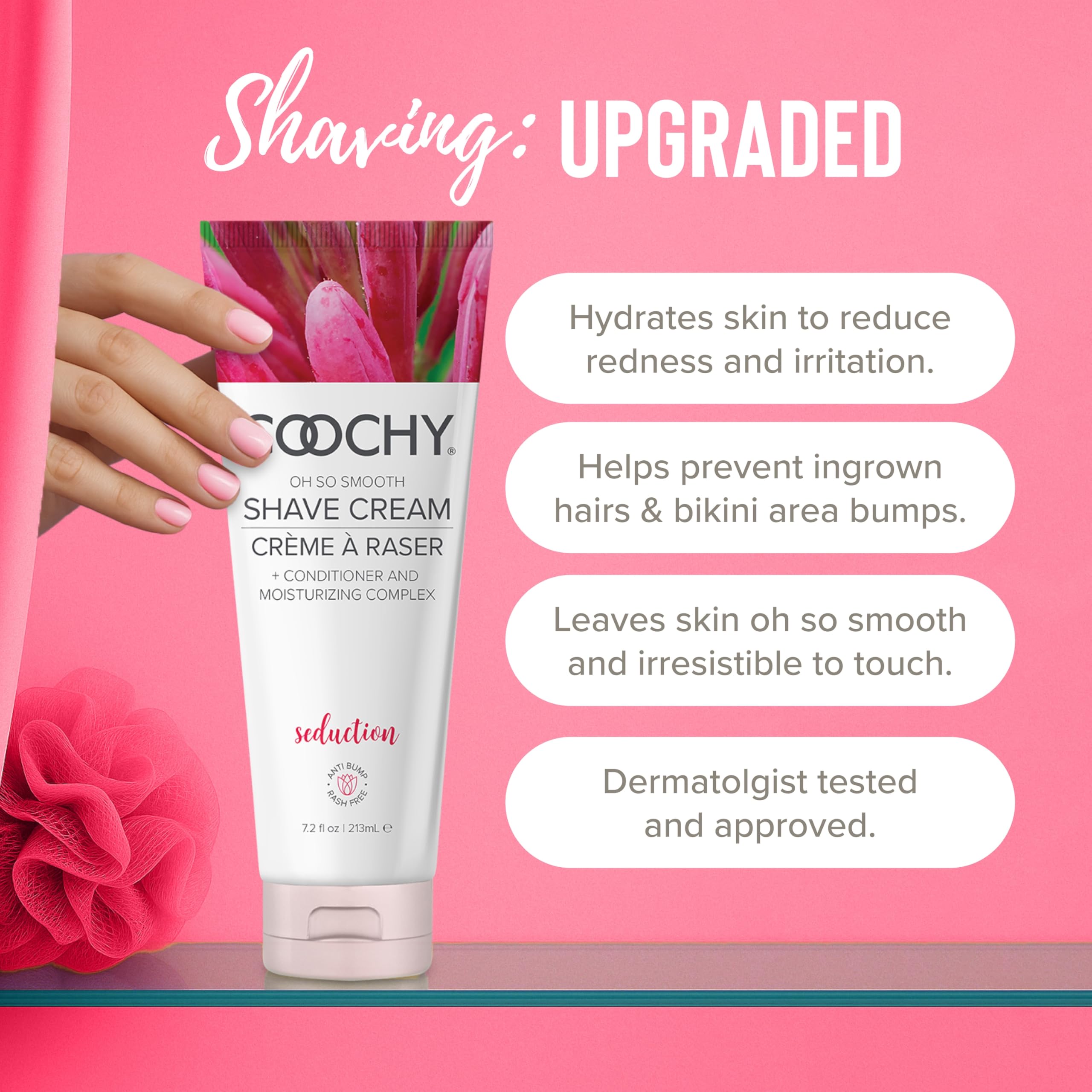 Coochy Shave Cream texture close-up highlights easy glide and nick-free shaving