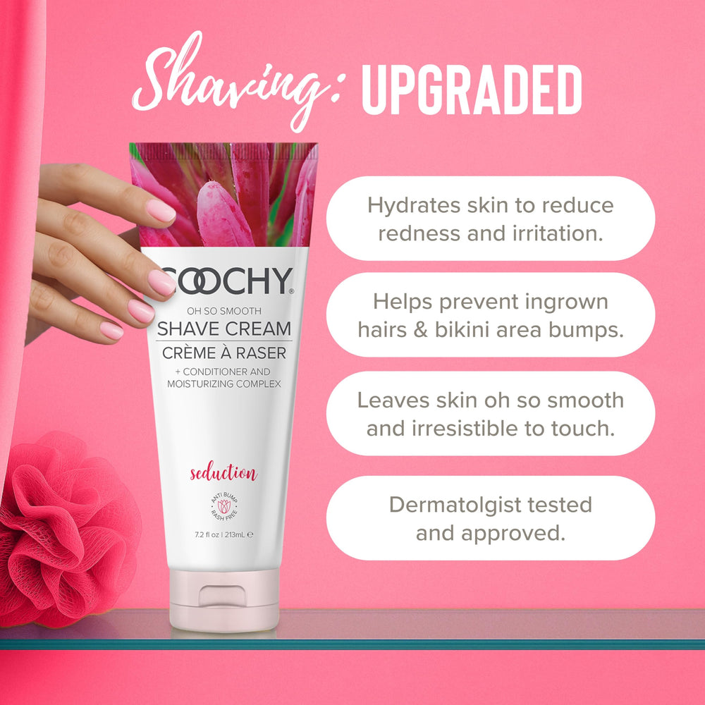Coochy Shave Cream texture close-up highlights easy glide and nick-free shaving