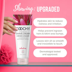 Coochy Shave Cream texture close-up highlights easy glide and nick-free shaving