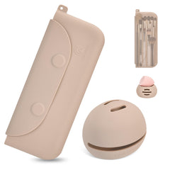 COOL-ANGLE silicone makeup brush holder close-up shows organized brushes and hygienic storage.