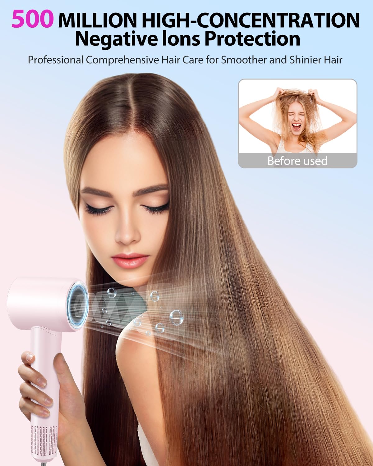 Coolpub hair dryer quiet operation close-up communicates low noise.