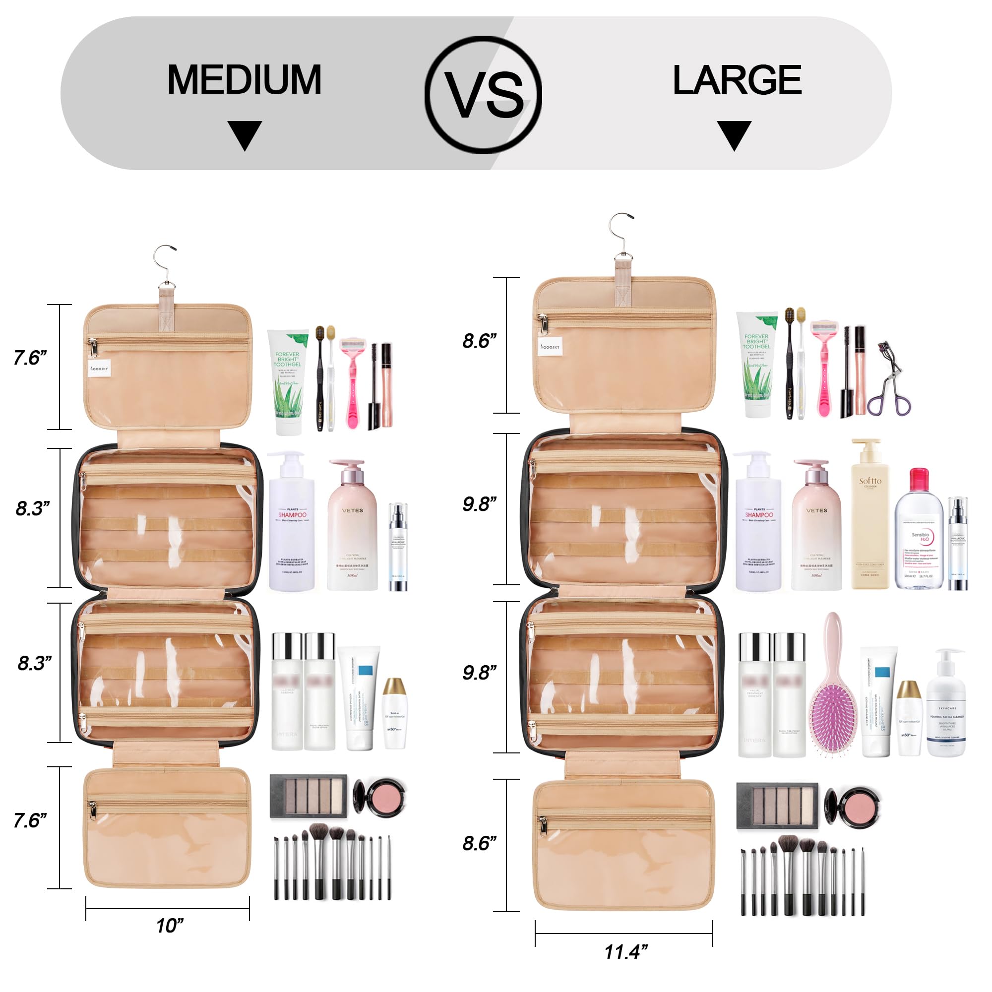 COOSKY hanging toiletry bag open front view for quick item access