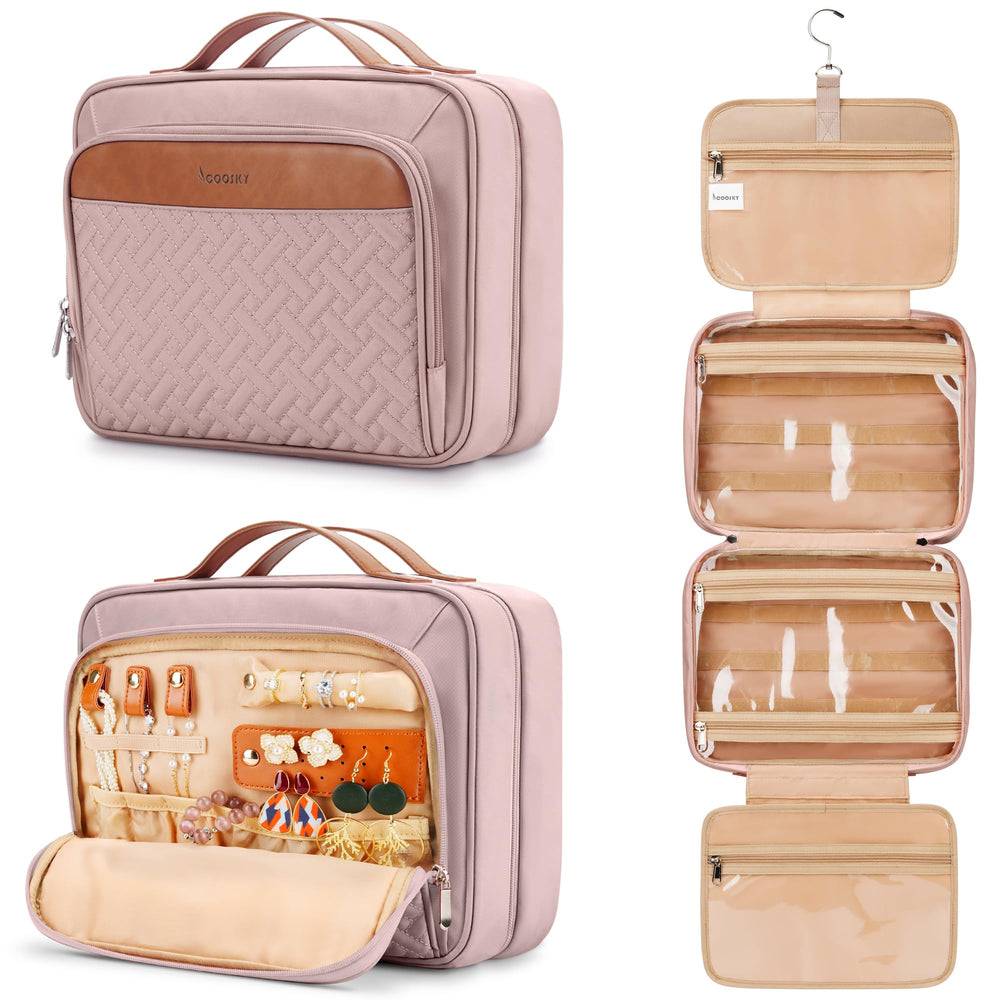 COOSKY travel hanging toiletry bag baby pink with organized pockets for trips.