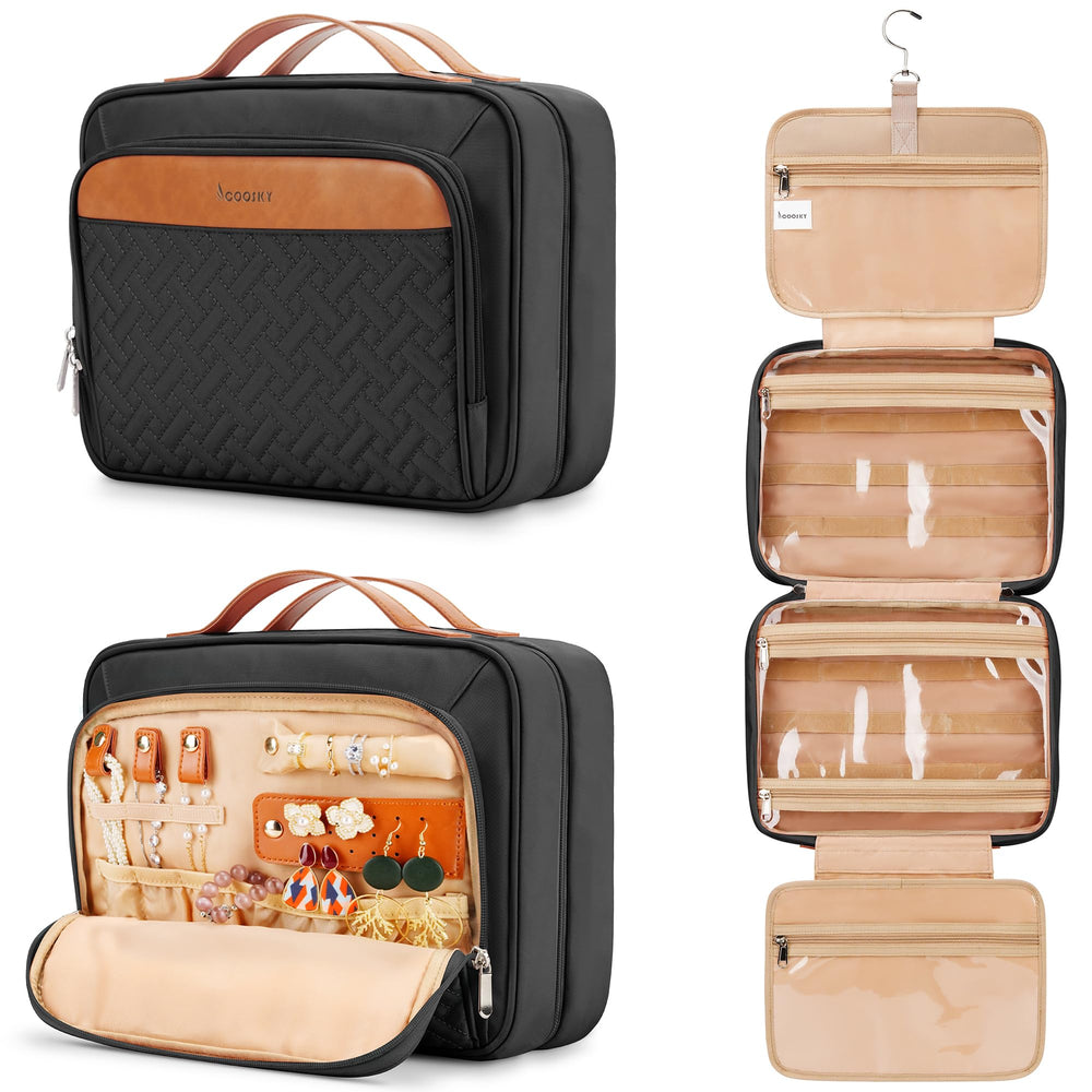 COOSKY travel hanging toiletry bag with jewelry organizer keeps cosmetics neatly separated