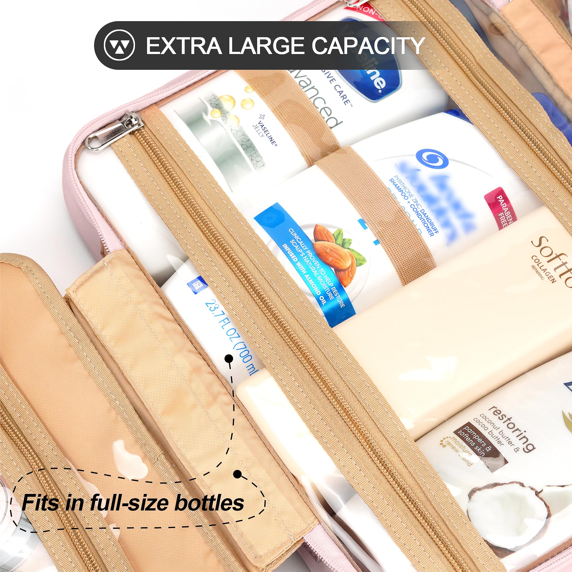 COOSKY travel bag main compartments offer spacious storage for full-size bottles and cosmetics.