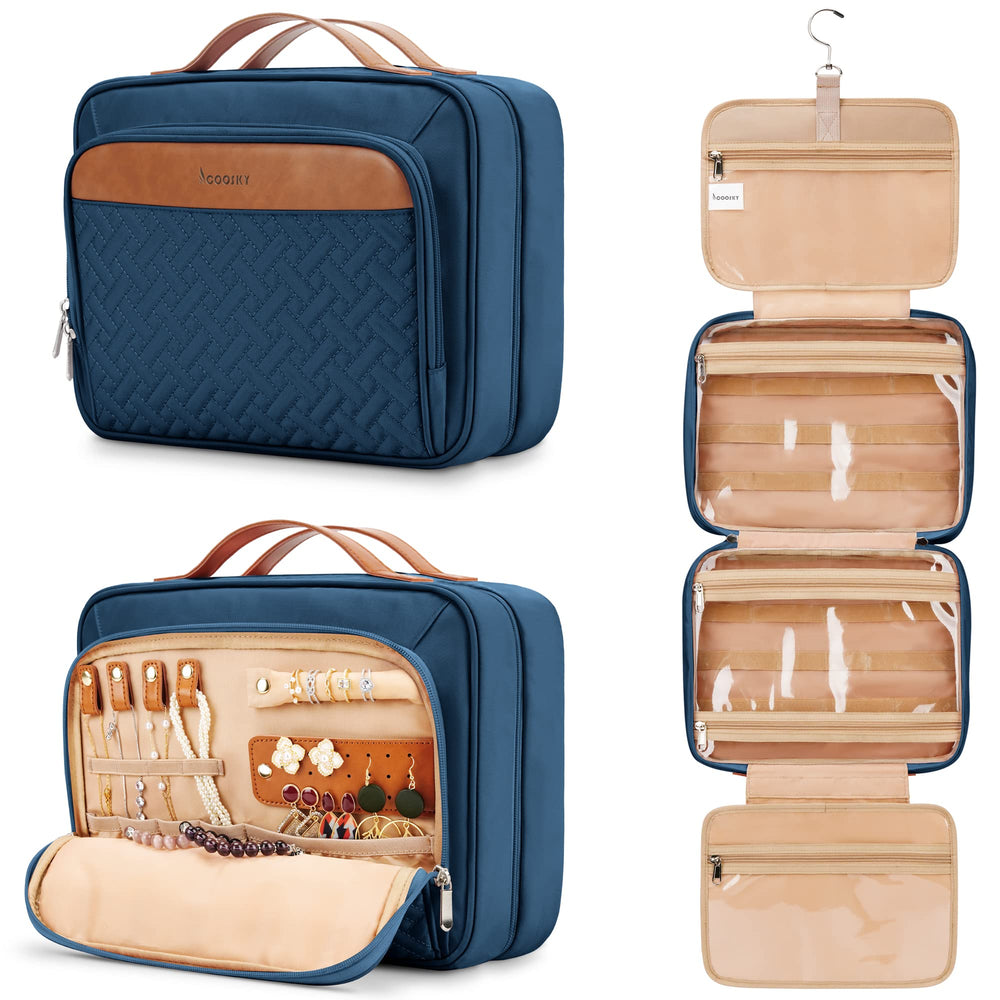 COOSKY travel hanging toiletry bag navy front view showing roomy layout for full-size products and easy access