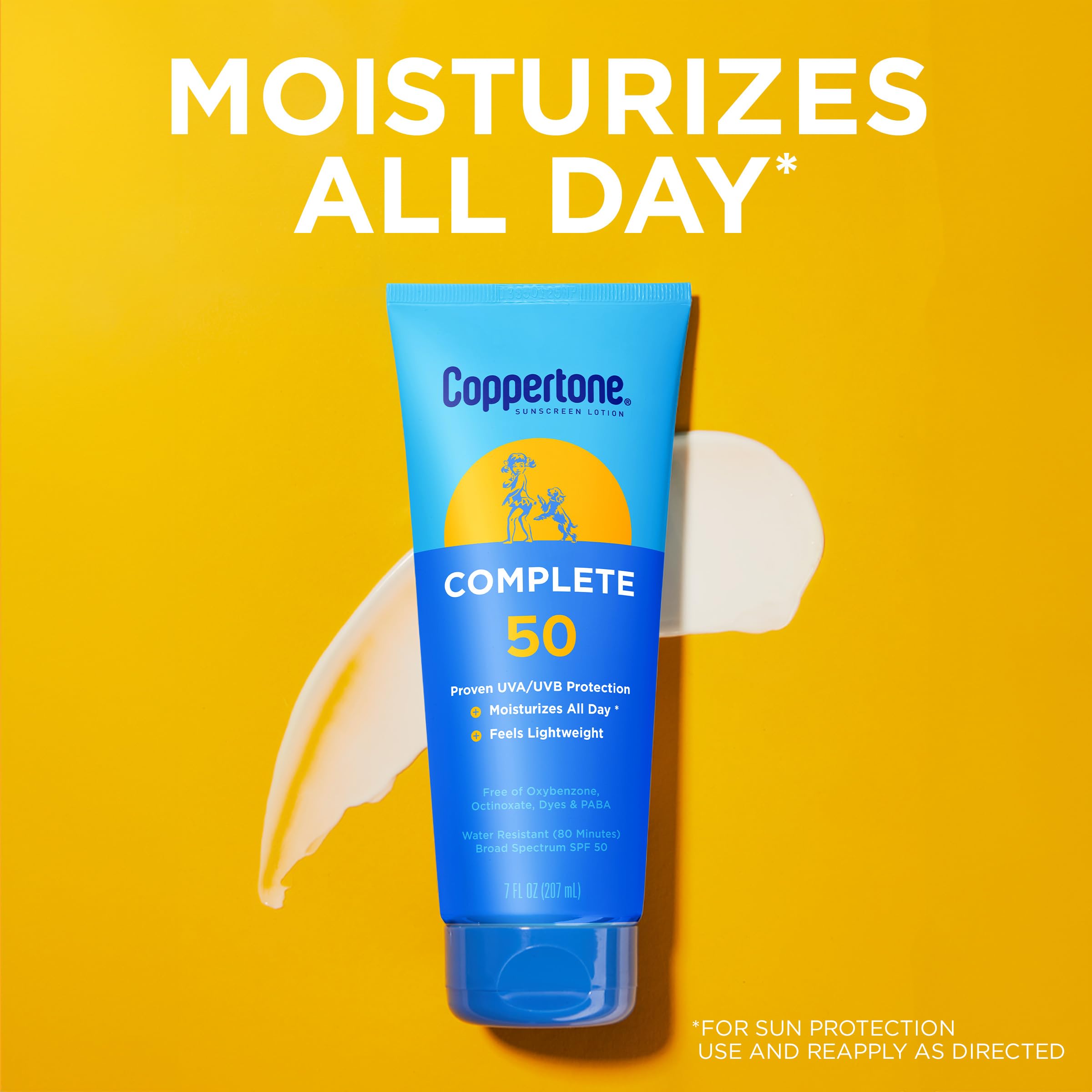 Coppertone Complete Sunscreen Lotion demonstrates face-and-body usage for family protection