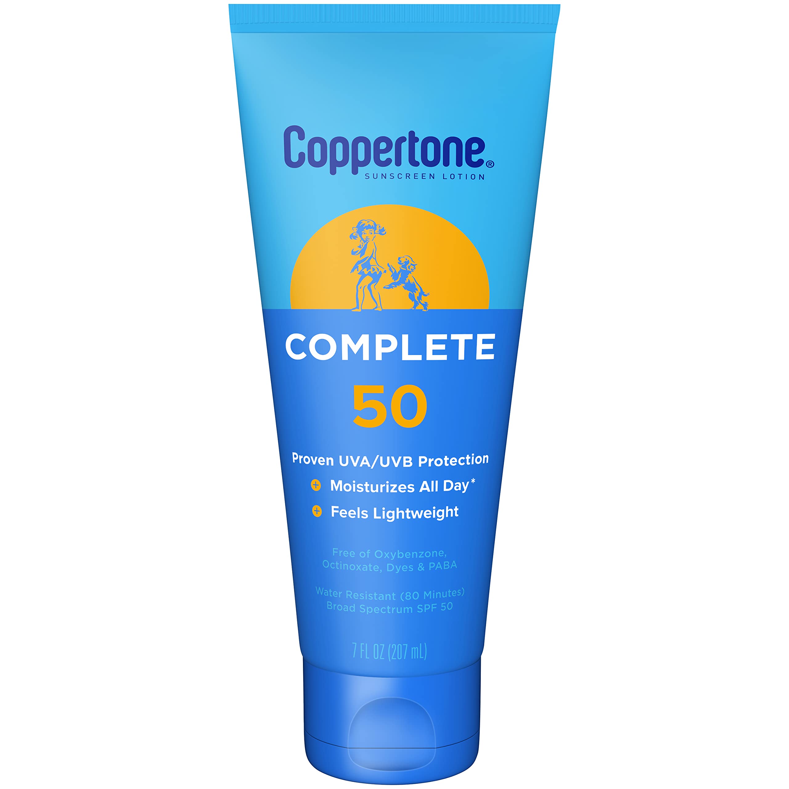 Coppertone Complete Sunscreen Lotion SPF50 bottle shows daily sun protection for face and body