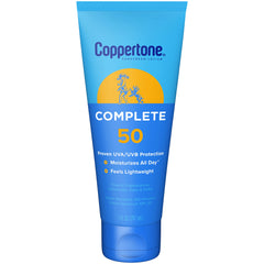 Coppertone Complete Sunscreen Lotion SPF50 bottle shows daily sun protection for face and body