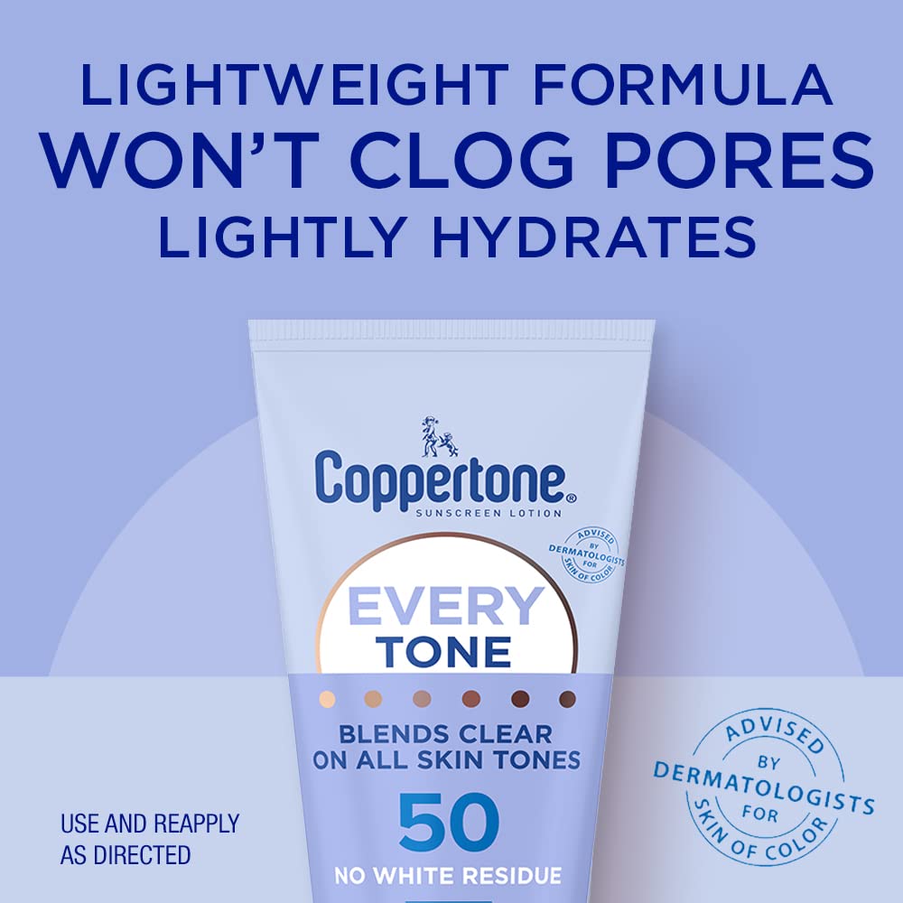Coppertone Every Tone SPF 50 tube close-up highlights lightweight, non-greasy texture.