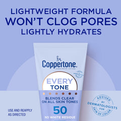 Coppertone Every Tone SPF 50 tube close-up highlights lightweight, non-greasy texture.