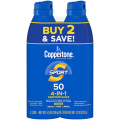 Coppertone Sport Sunscreen Spray application at an angle for easy coverage during workouts.