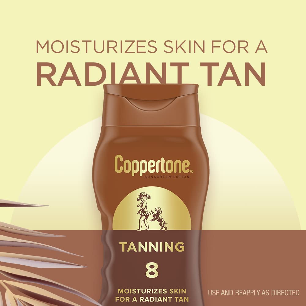 Coppertone SPF 8 lotion bottle back label highlights oxybenzone-free, dye-free formula