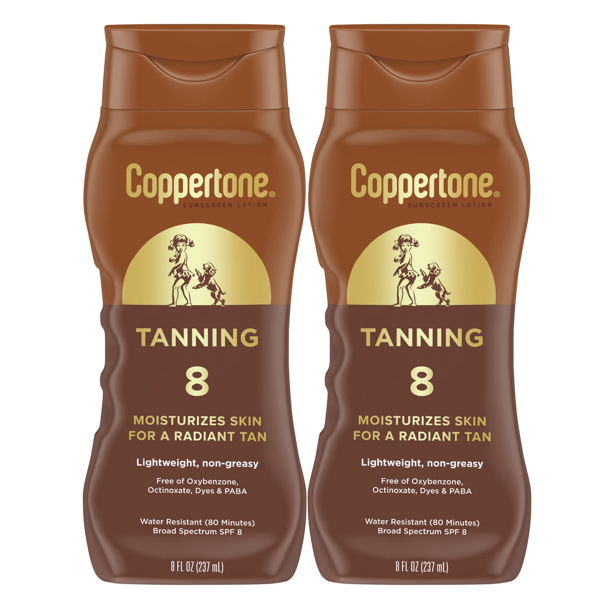 Coppertone SPF 8 tanning lotion bottle front shows lightweight moisturizer feel