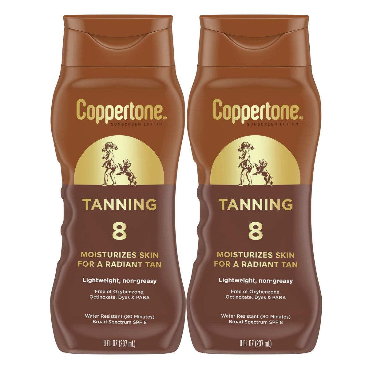 Coppertone SPF 8 tanning lotion bottle front shows lightweight moisturizer feel