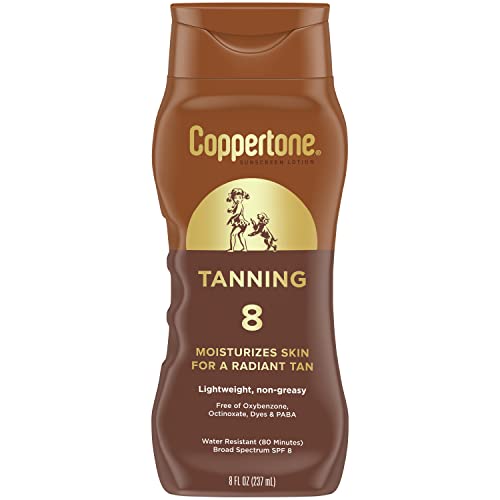 Applying Coppertone SPF 8 tanning lotion with light non-greasy feel