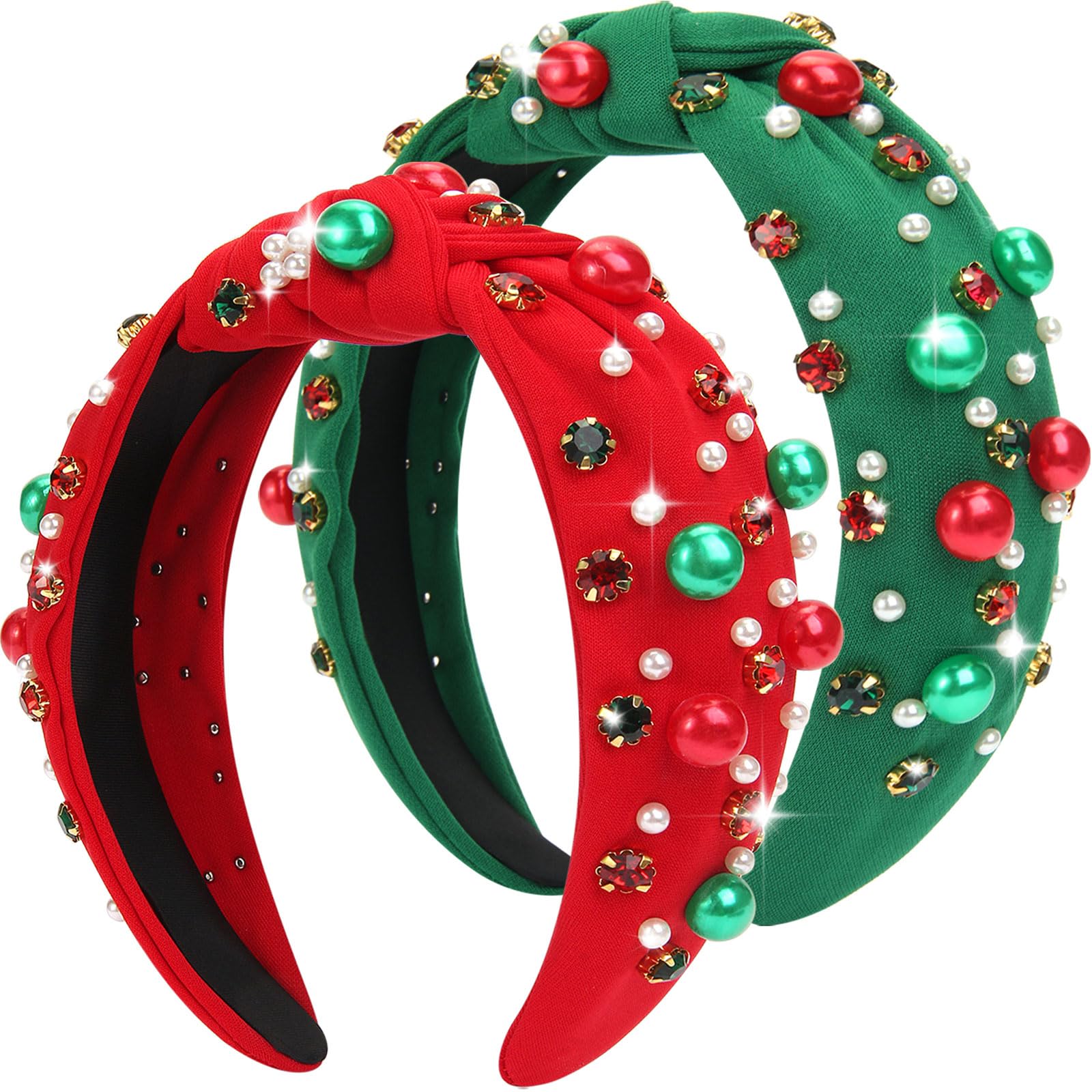 Corabsar Christmas headband, red-green rhinestones, adds festive sparkle to holiday outfits.