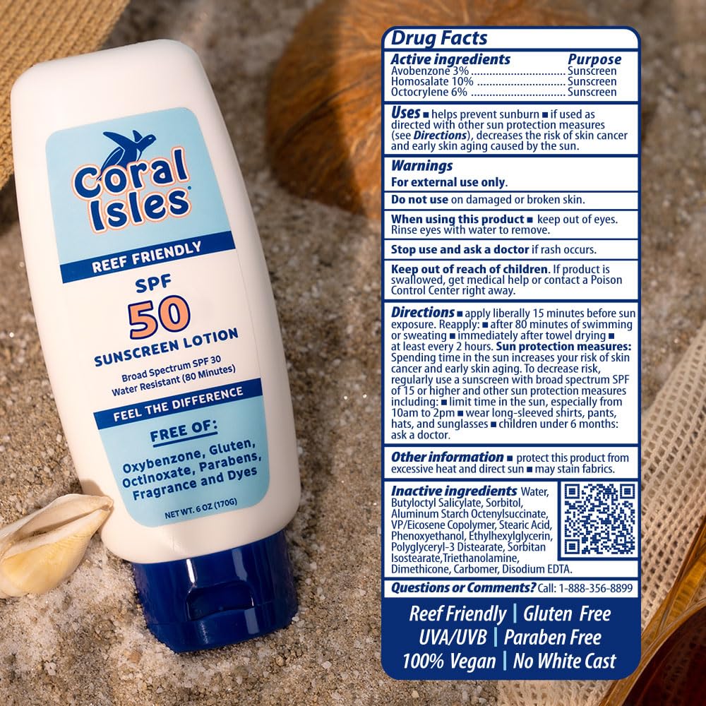 Coral Isles Sunscreen SPF50 104 Act compliant label signals reef-safe, chemical-free sun protection.