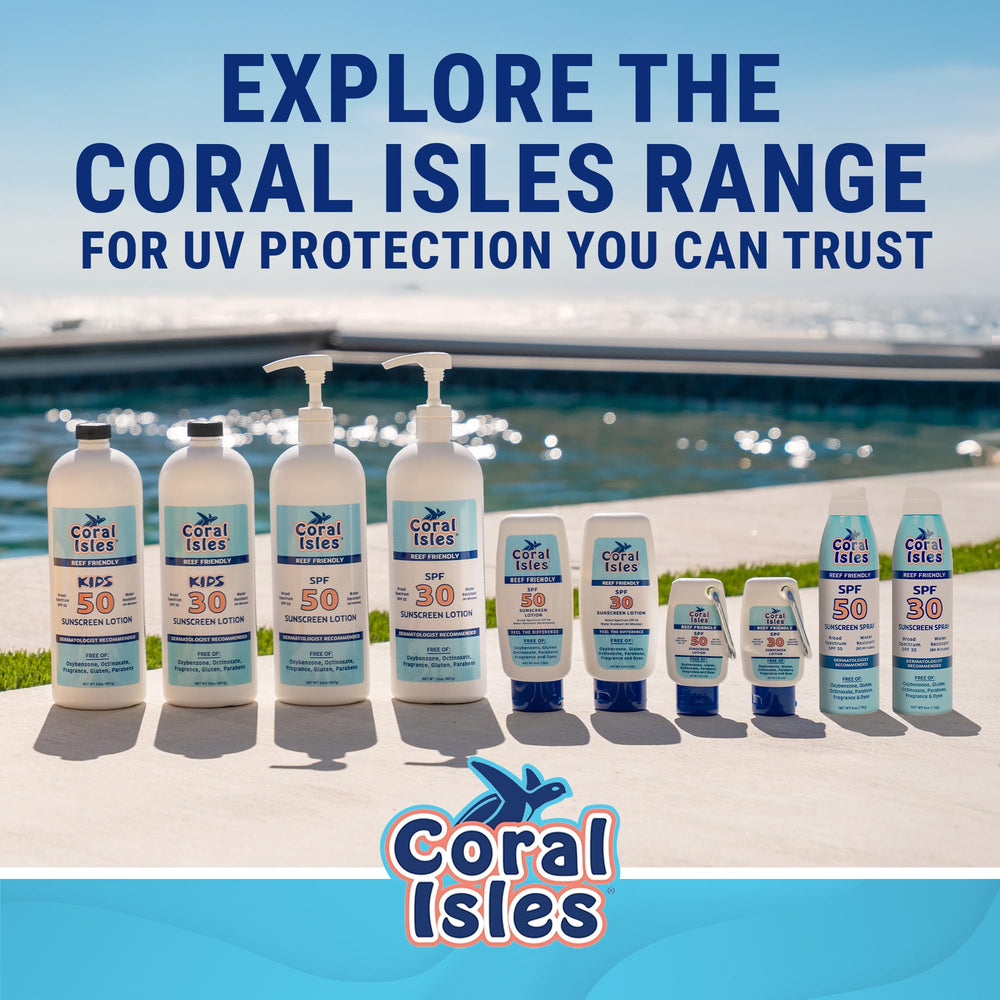 Coral Isles Sunscreen SPF50 6oz pump bottle for home use and trips.