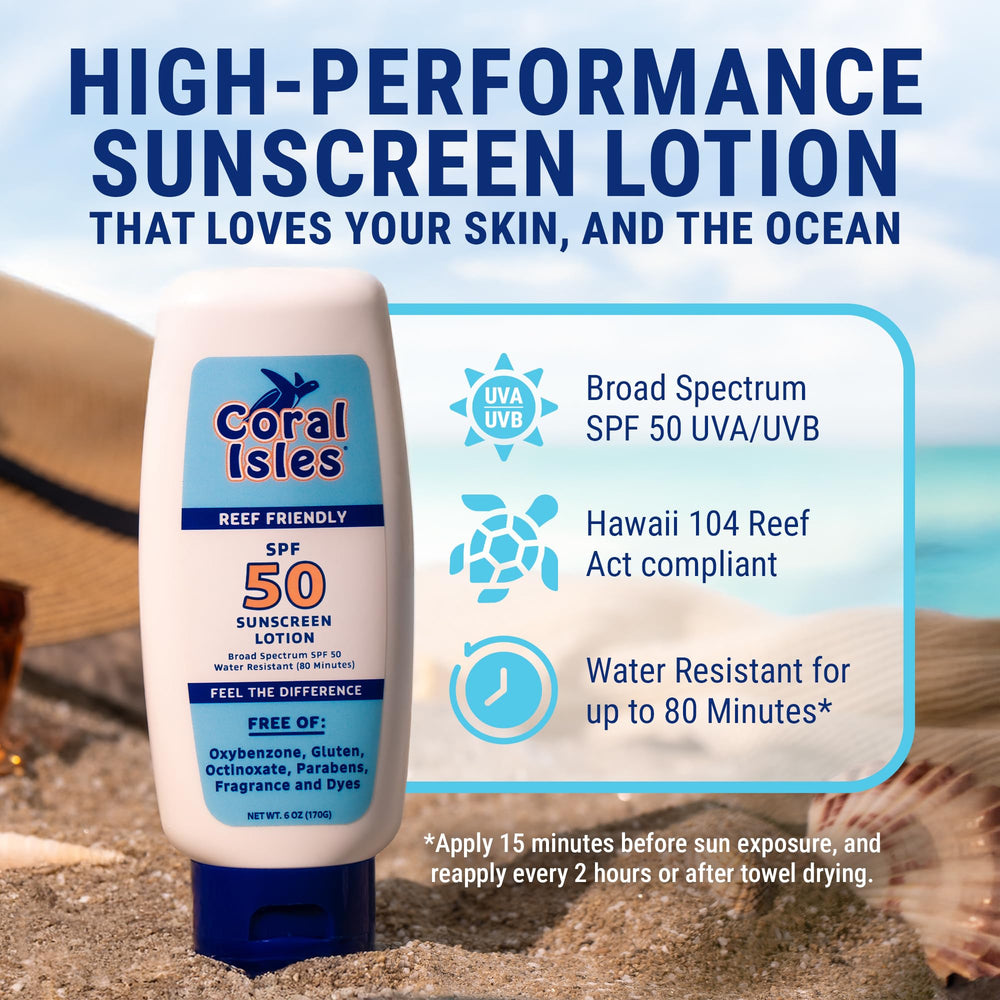 Coral Isles Sunscreen SPF50 fragrance-free packaging highlights skin-friendly, irritation-free application.