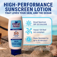 Coral Isles Sunscreen SPF50 fragrance-free packaging highlights skin-friendly, irritation-free application.