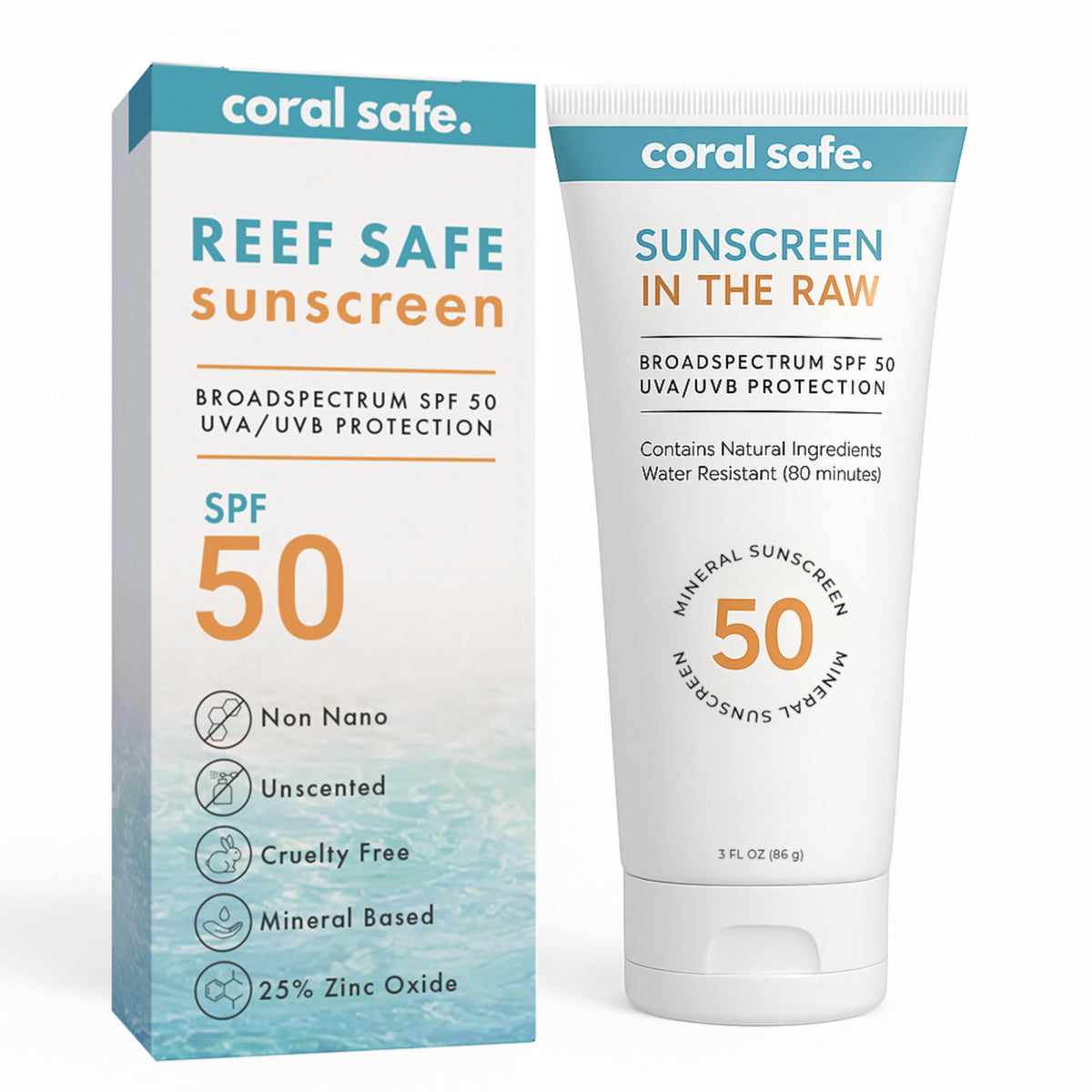 Coral Safe reef-safe mineral sunscreen travel lotion SPF 50 bottle for on-the-go beach protection