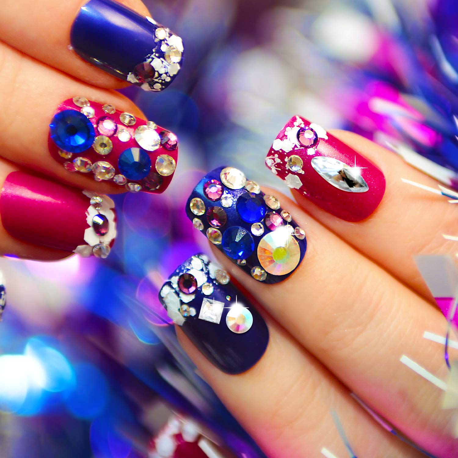 CoralBeau diamond studs and crystal nails closeup for luxe bling accents.