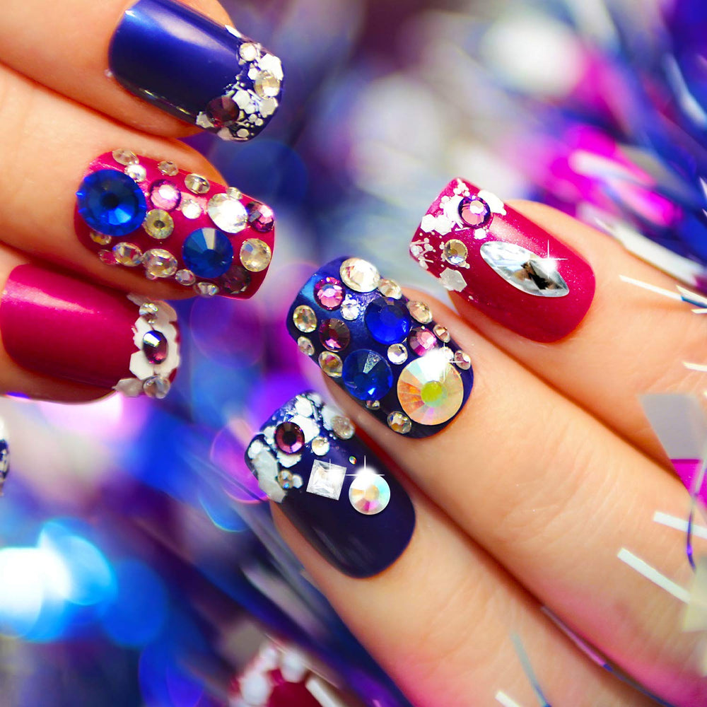 CoralBeau diamond studs and crystal nails closeup for luxe bling accents.