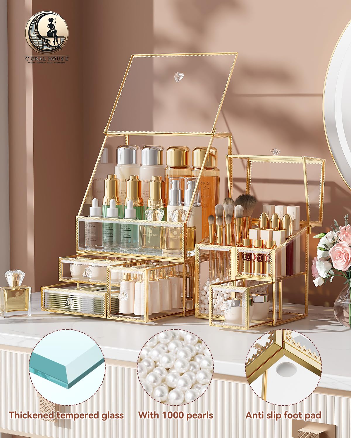 CoralHouse makeup brush holder with gold frame keeps brushes neatly organized.