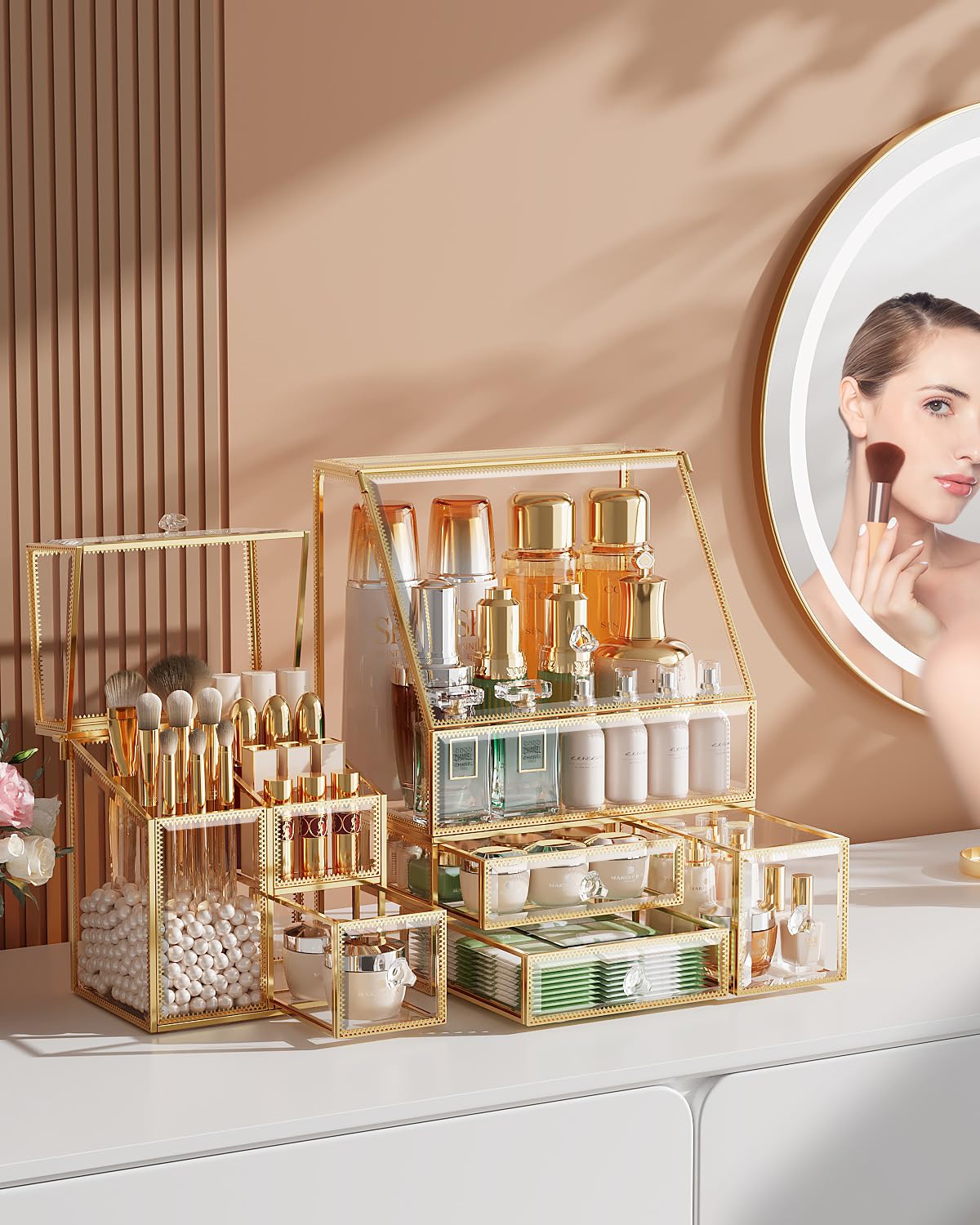 CoralHouse skincare organizer tray holding serums and toners neatly.
