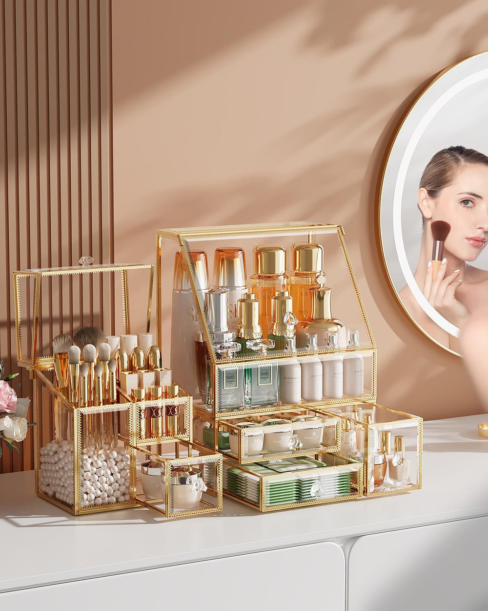 CoralHouse skincare organizer tray holding serums and toners neatly.