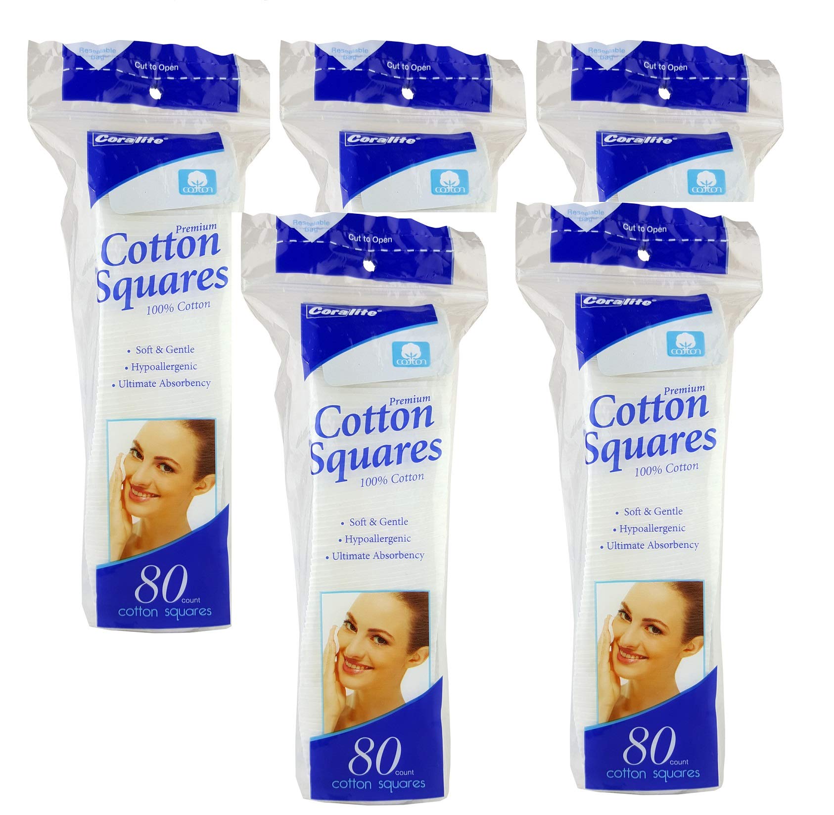 Coralite Premium Cotton Squares 400-count pads for gentle cleansing and makeup removal