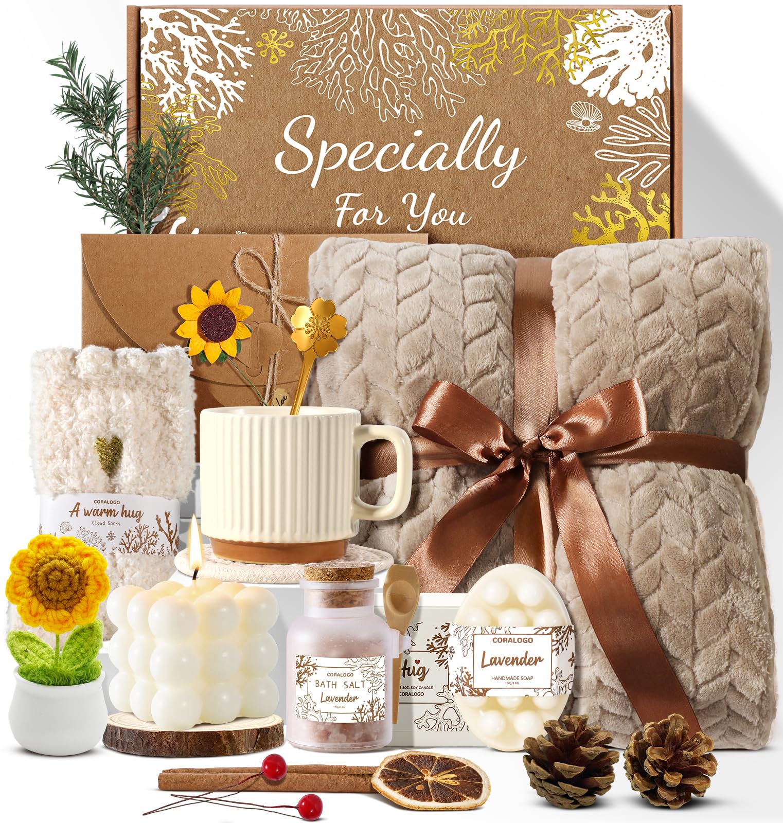 Coralogo sunflower spa basket with bath salts for a calming at home ritual