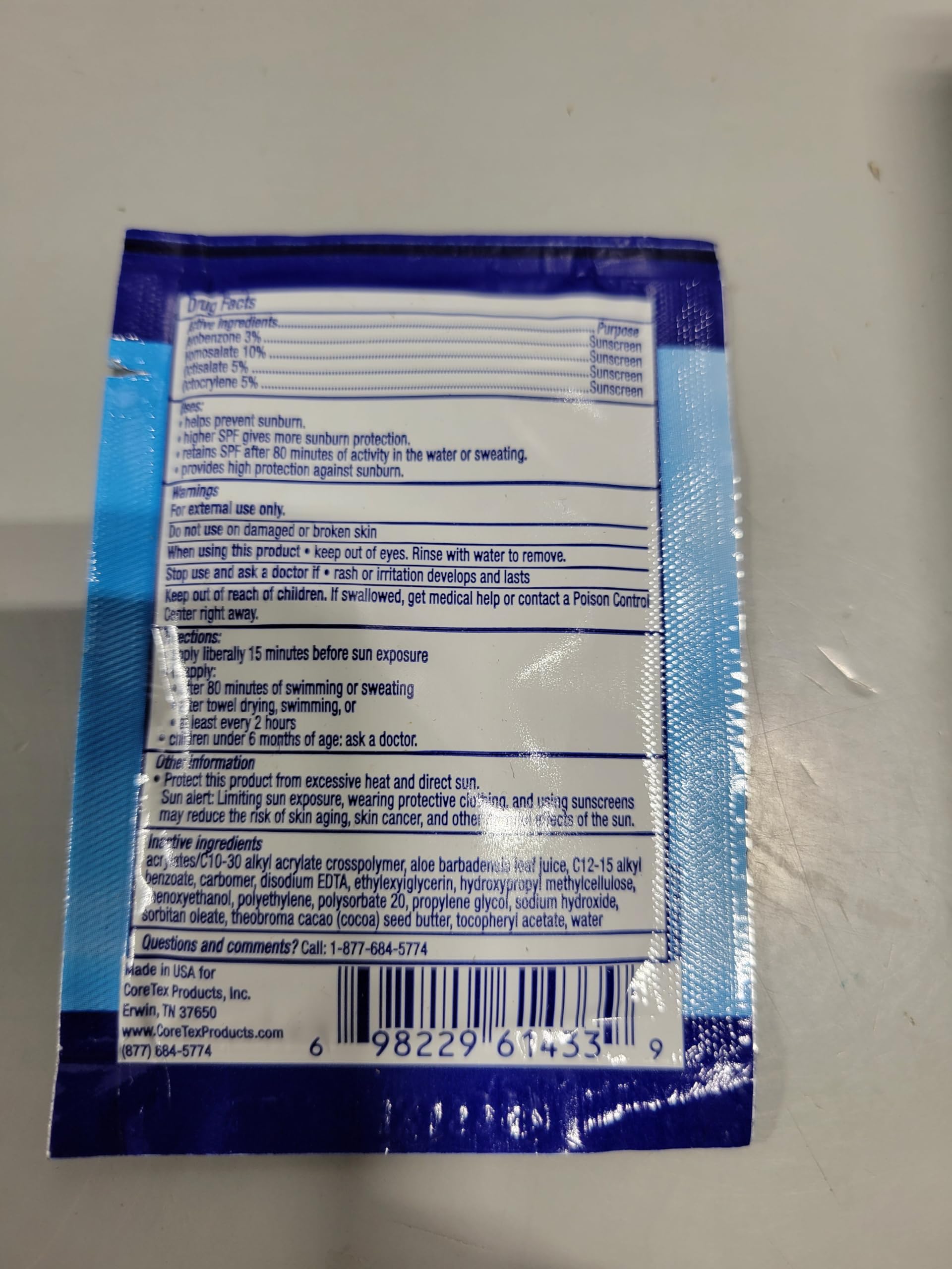 CoreTex Sun X 50 at the beach highlights convenient single-use packets.