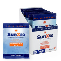 CoreTex Sun X 50 packets packaging ready for beach trips and on-the-go protection.