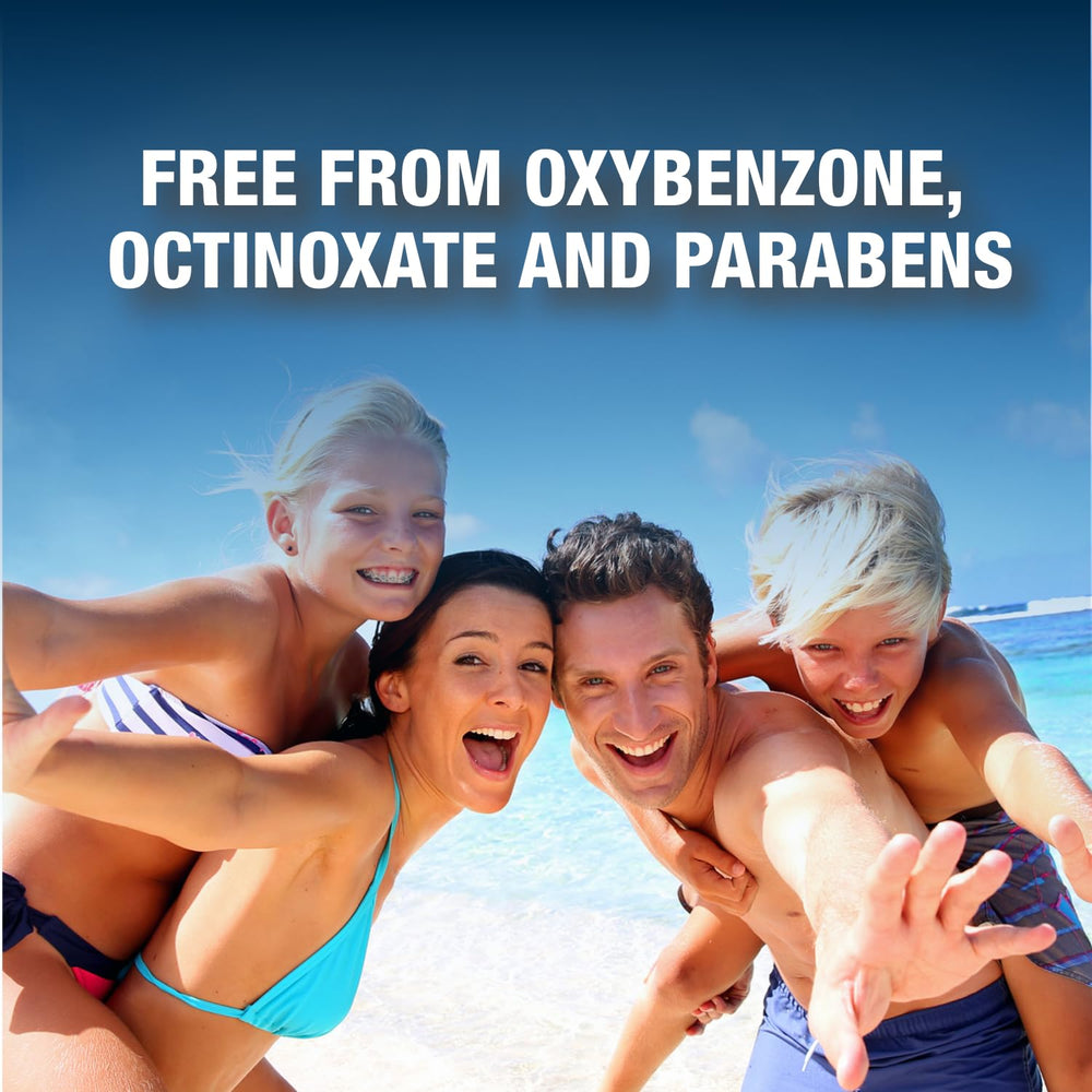CoreTex Sun X 50 reef-safe labeling highlights Paraben, Oxybenzone, and Octinoxate avoidance.