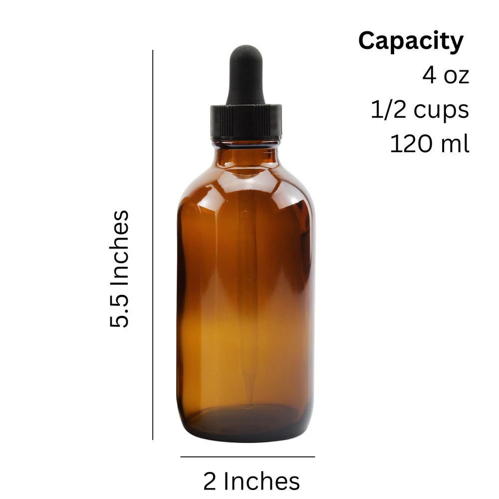Cornucopia Brands amber glass bottle with measurement cap demonstrates precise drop control for blends.