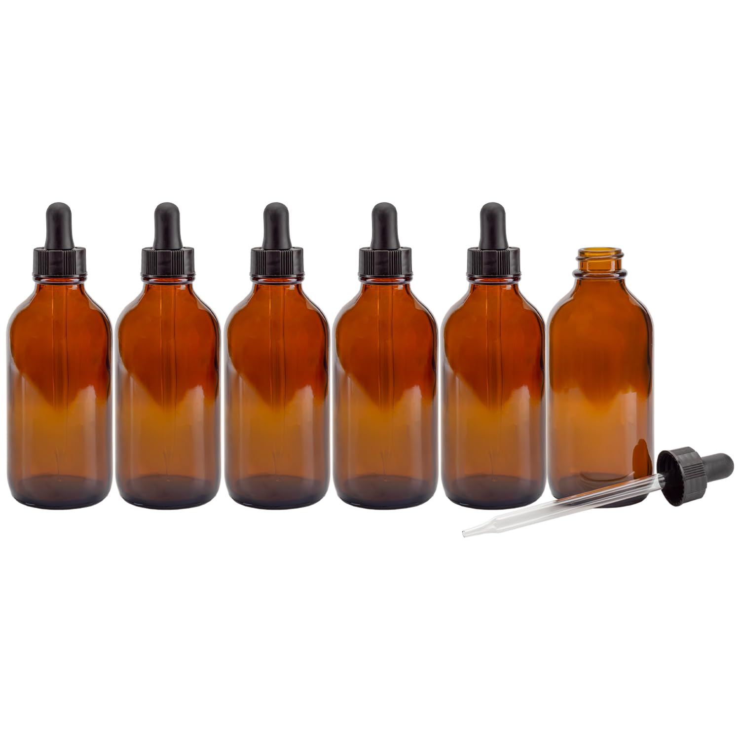 Cornucopia Brands amber glass dropper six-pack on white background for essential oils storage.