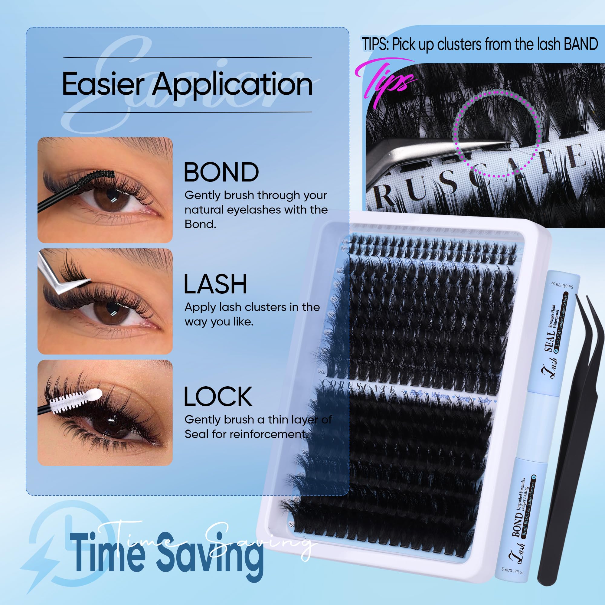 CORUSCATE at-home lash application tips image presents convenient DIY routine.