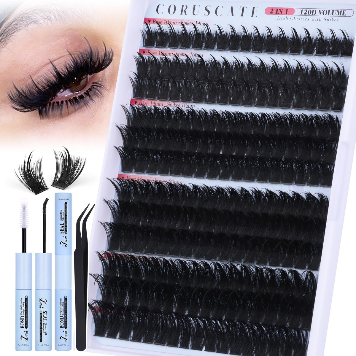 CORUSCATE Spiky Lash Clusters Kit 120D packaging for bold, dramatic lash looks.