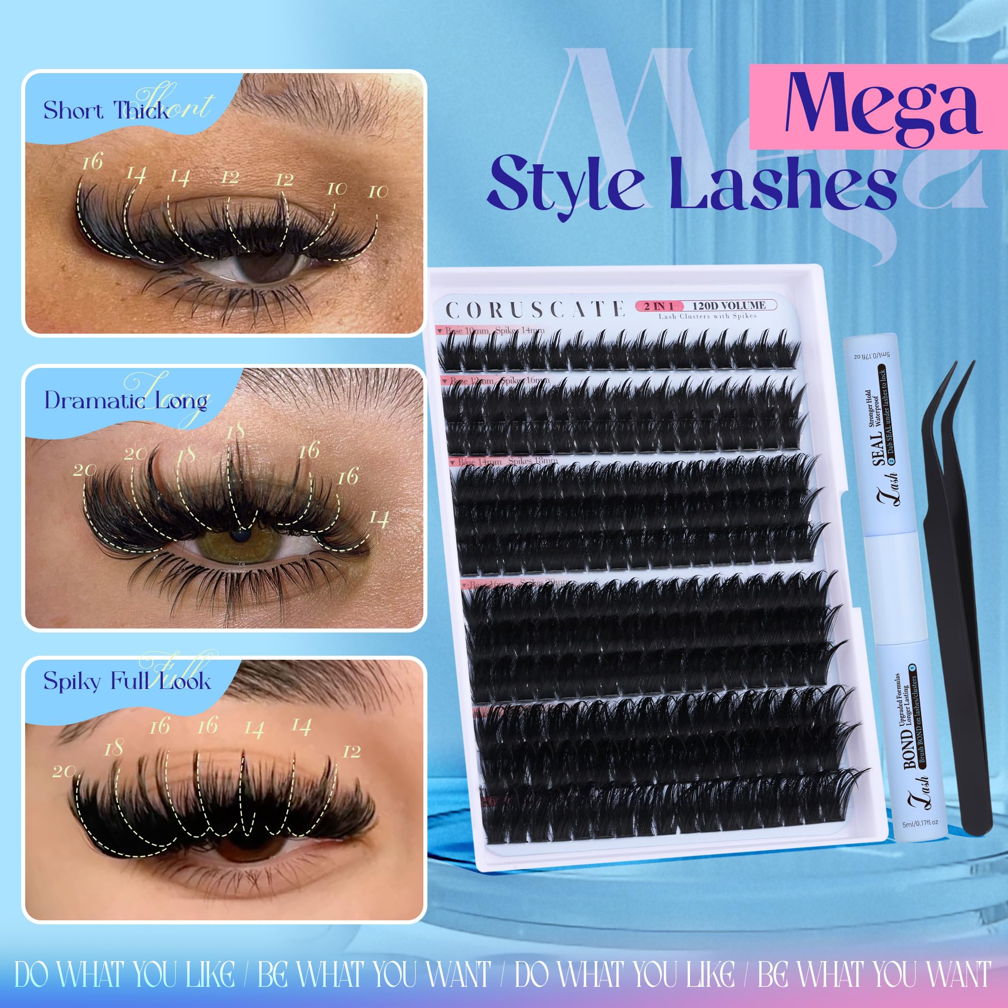CORUSCATE 14mm lash cluster set for feathered, manga-inspired spike effects.