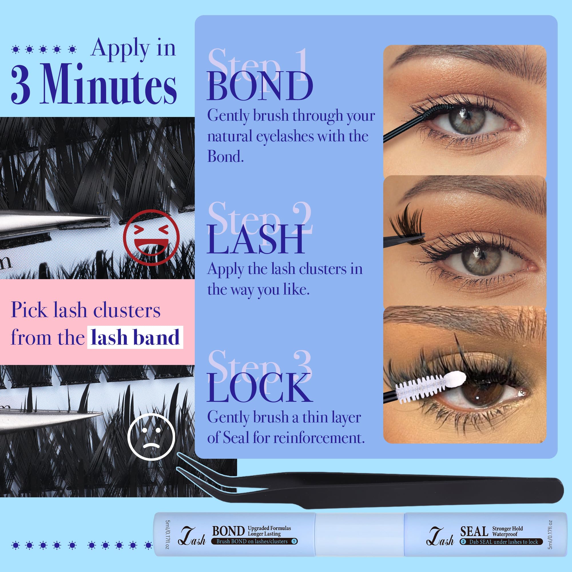 CORUSCATE tweezers for precise, easy application of lash clusters.